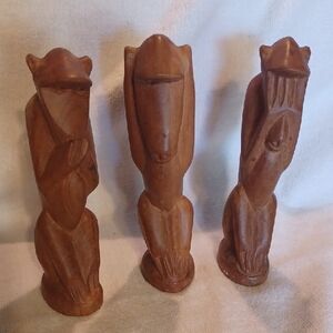 Handcrafted Wooden Figurines Set Hear, See, Speak No Evil Vintage Hand Carved